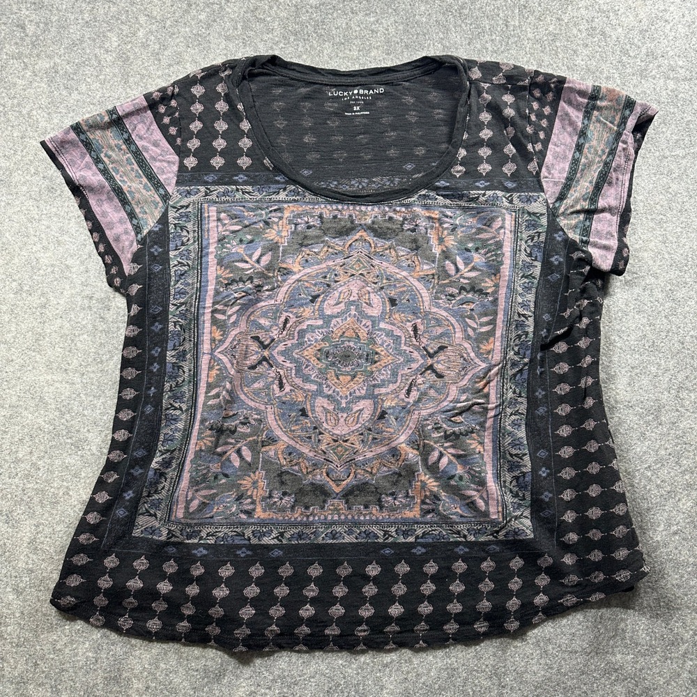 Lucky Brand T-Shirt Womens 2X Black Mandala Boho Medallion Cap Sleeve Tee